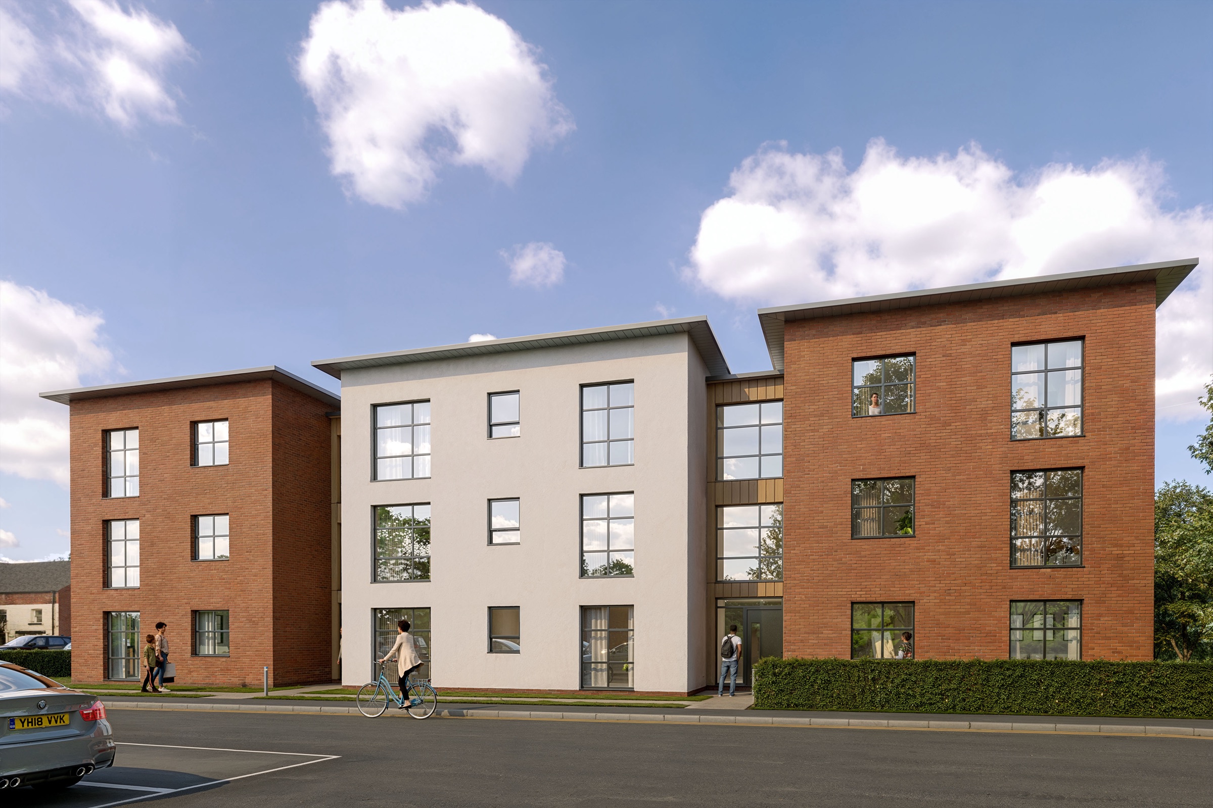 Exterior CGI of The Old Bakery apartment development, brick and rendered elevations